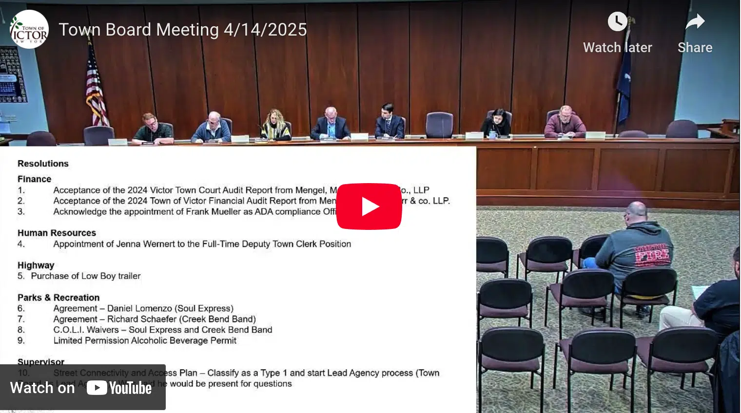 VICTOR TOWN BOARD: Audits, Staff Appointments, and Community Programs (webcast)